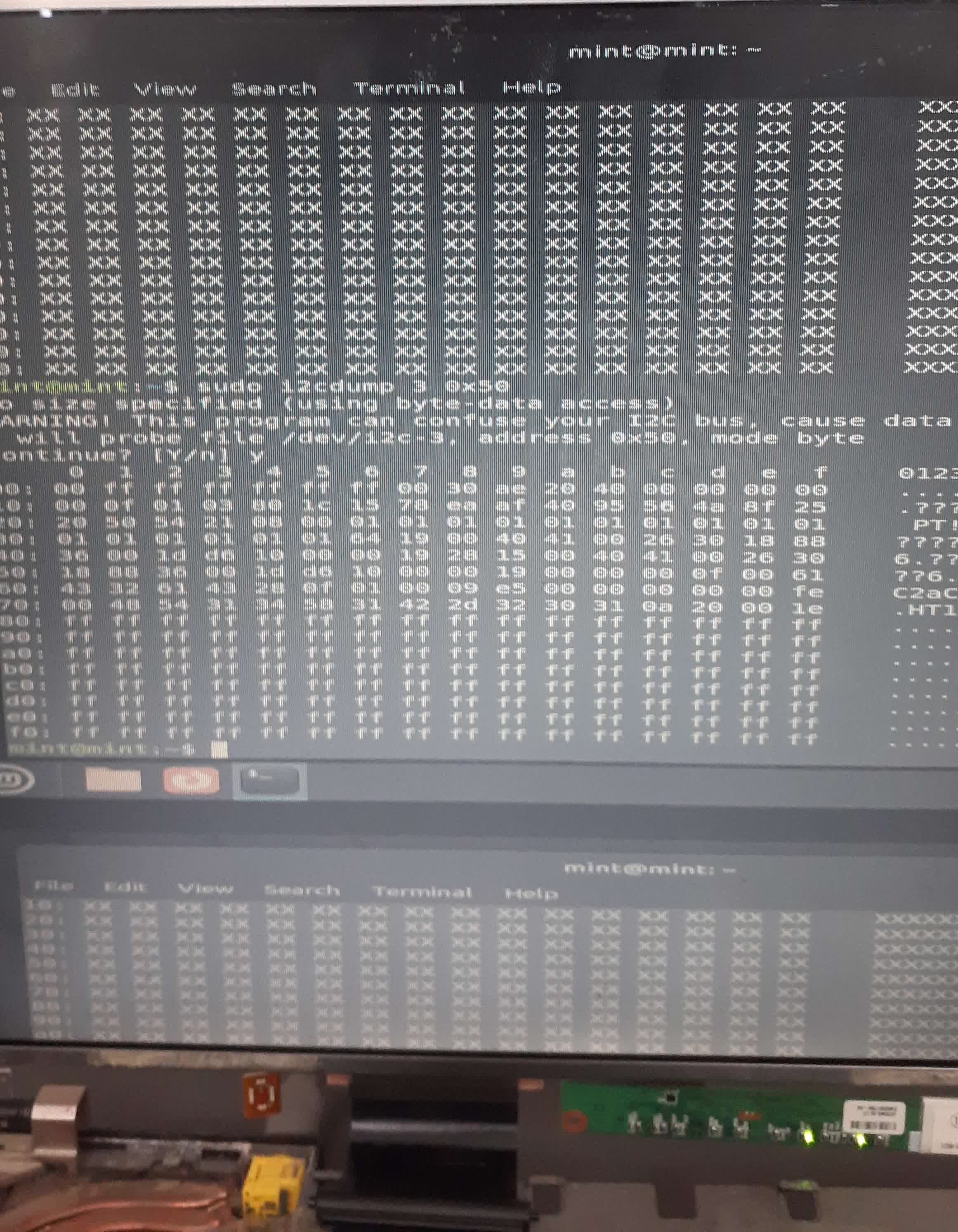 The ThinkPad screen is garbled exactly like before, but shows a terminal in Linux Mint. The terminal shows the i2cdump command displaying a series of hexadecimal bytes.